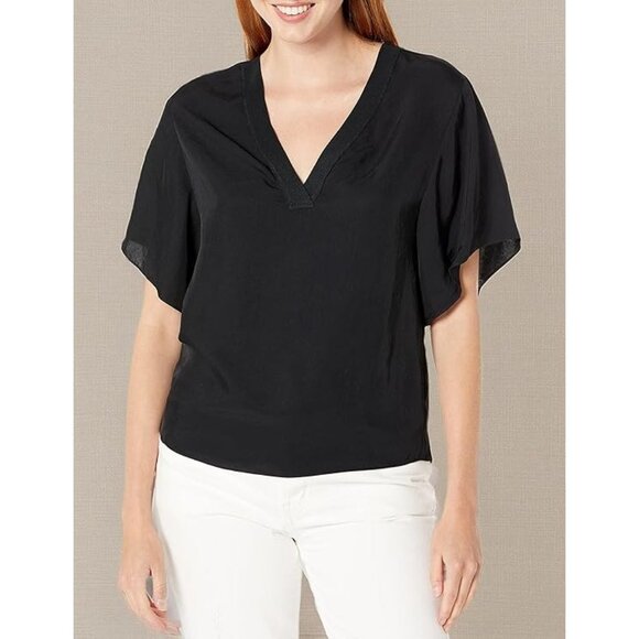 Vince Womens Tee Shirt Size Large Black Rib Trim Double V Neck Short Sleeve - Picture 9 of 10